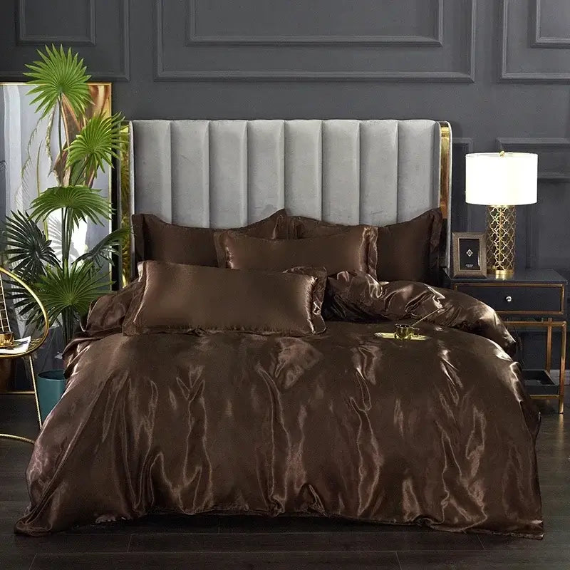 Rich chocolate brown satin bed sheet and duvet cover with a glossy luxurious finish for width bed by decorbites