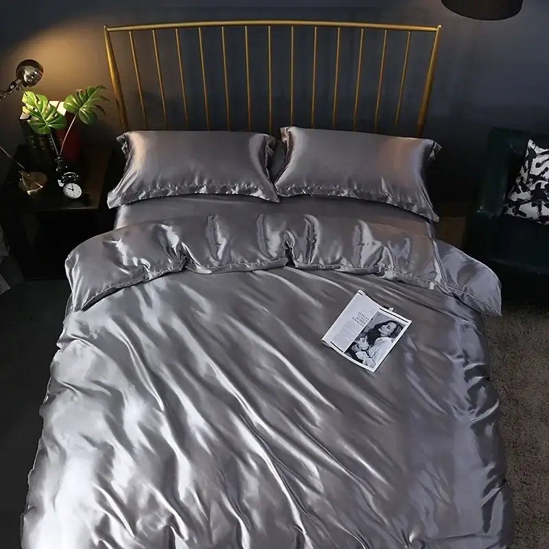 Silk-gray satin DecorBites Luxurious Bedding Ensemble with duvet cover and two pillows pcs suitable for elegant bedrooms
