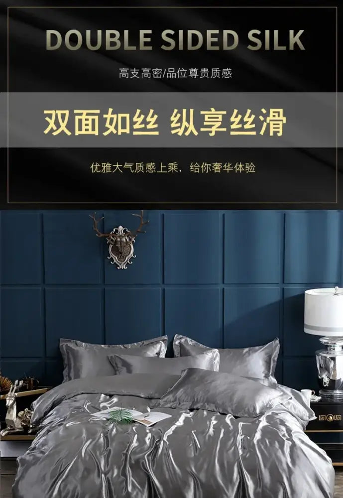 Silver double-sided silk duvet cover and bed sheet set with satin-like sheen in decorbites™ luxurious bedding ensemble pcs suitable
