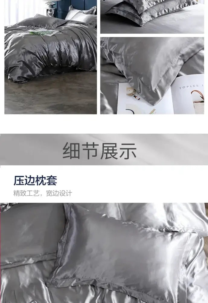 Silver satin pillowcase with wide finished edge and subtle sheen in DecorBites™ luxurious bedding ensemble pcs suitable with duvet cover and bed sheet