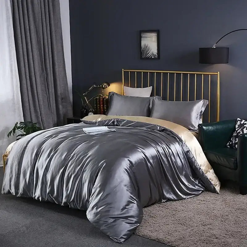 DecorBites™ luxurious metallic gray satin duvet cover set with subtle gold lining pcs suitable for elegant bedding