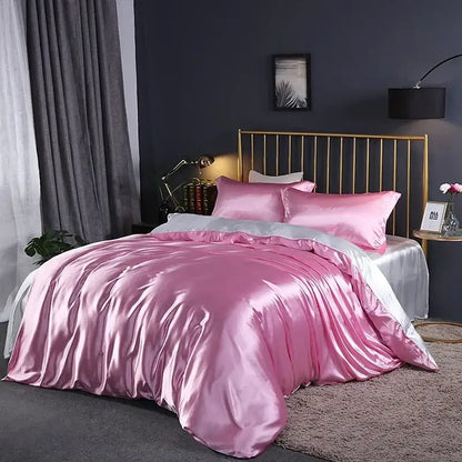 Decorbites™ luxurious duvet cover set in pink satin with matching pillows and silver accent for width bed use
