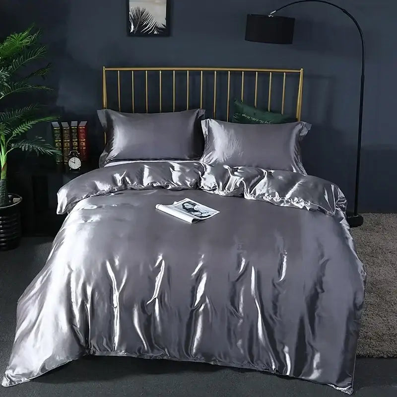 Shiny silver satin duvet cover and matching pillowcases from decorbites luxurious bedding set for elegant bed sheet options