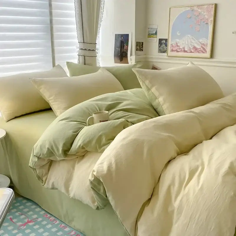 Decorbites luxurious cotton bedding set featuring a soft pastel green duvet cover and matching pillows with textured finish