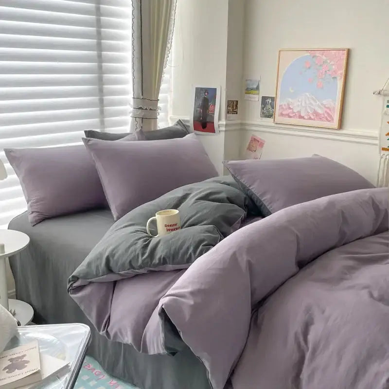 Purple and gray decorbites cotton bedding set with soft plush fabric for single and couple beds including duvet cover