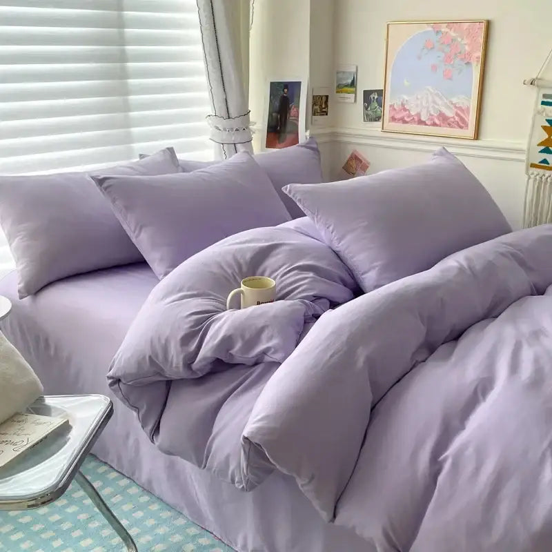 Lavender-colored DecorBites™ cotton bedding set with soft quilted texture and matching pillows for single and couple beds