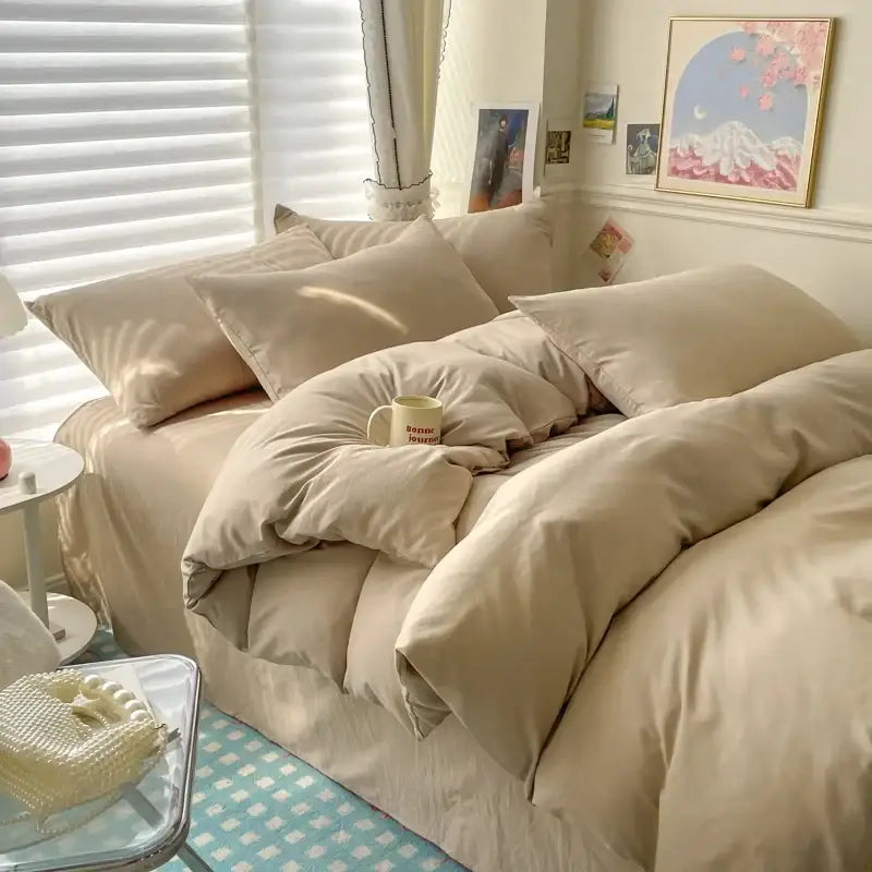 Beige quilted cotton bedding set with soft plush texture and matching pillowcases for single and couple beds