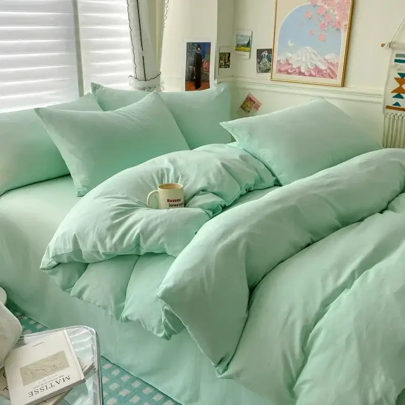 Mint green quilted cotton bedding set with matching pillows from DecorBites™ for single and couple beds