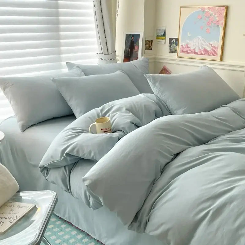 Decorbites luxurious cotton bedding set with soft light blue satin finish duvet cover for single and couple beds