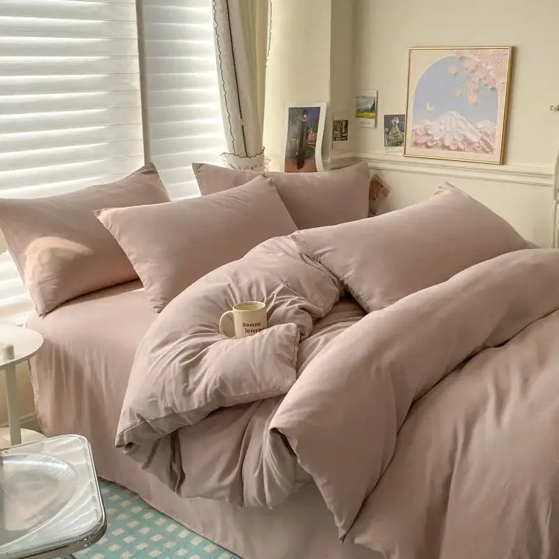 DecorBites™ luxurious cotton bedding set with a soft blush pink satin-like duvet cover and matching pillowcases for single and couple beds
