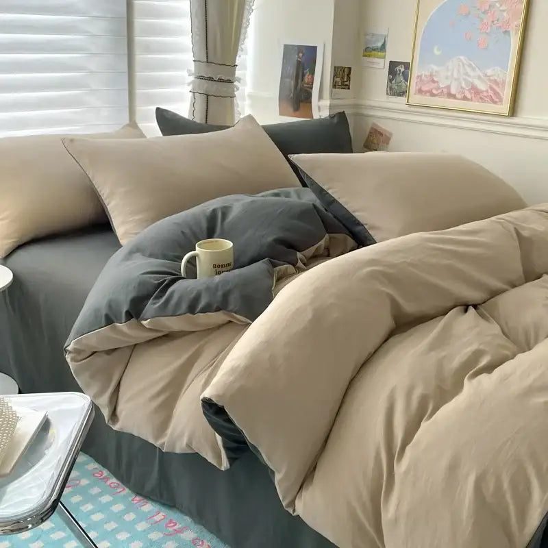 Beige and gray cotton bedding set with soft plush fabric in the DecorBites™ luxurious duvet cover for single and couple beds