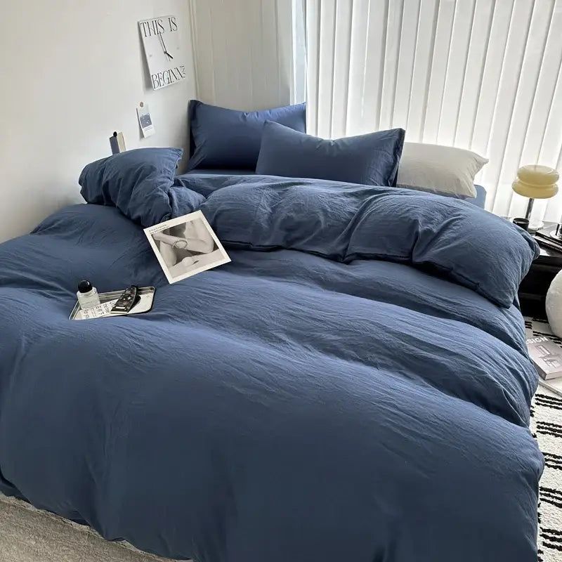 DecorBites™ luxurious cotton bedding set featuring a blue linen-like duvet cover with matching pillows and cozy texture