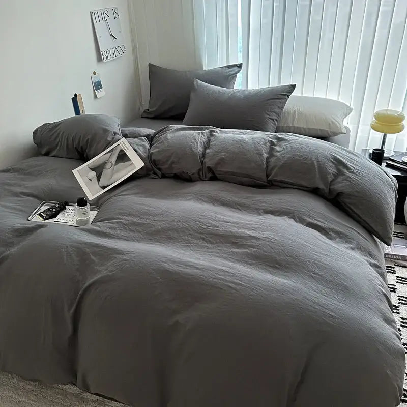 Decorbites™ luxurious cotton bedding set with cozy gray textured duvet cover and matching pillowcases neatly arranged on bed