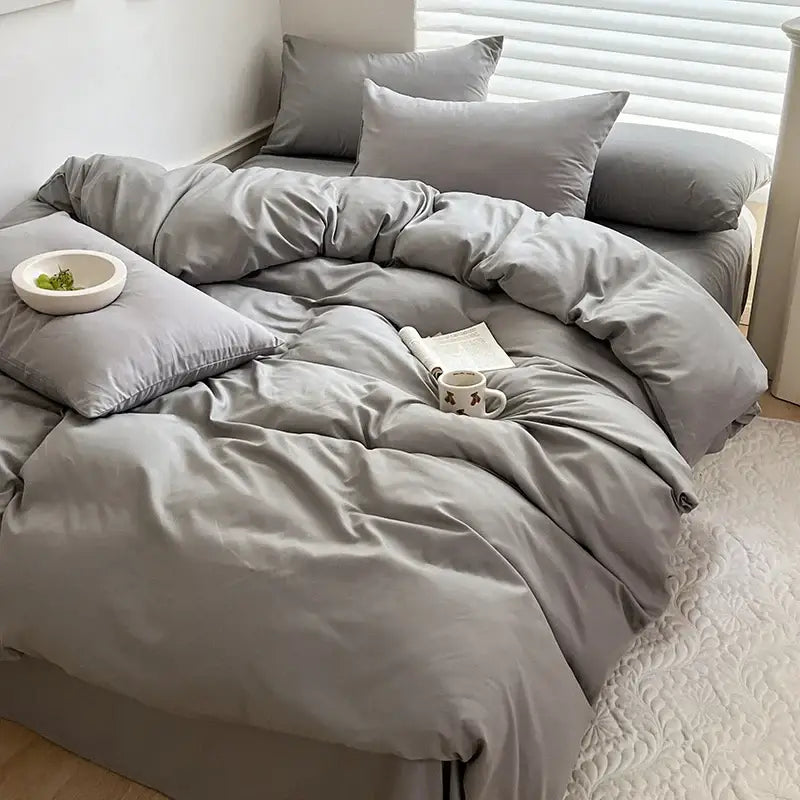 DecorBites™ luxurious gray cotton bedding set with smooth duvet cover and matching pillows for enhanced comfort