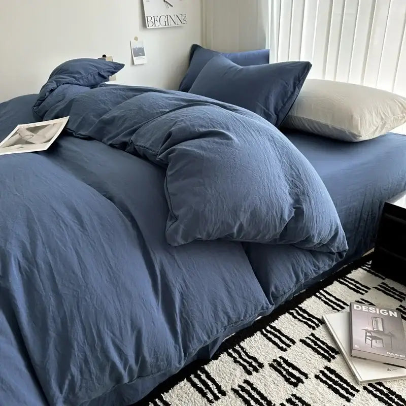 Blue linen duvet cover and matching pillows in decorbites™ luxurious cotton bedding set with textured finish