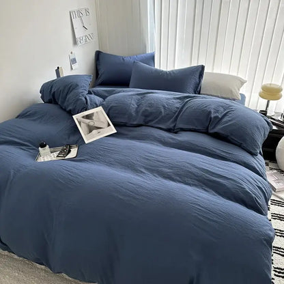 Blue linen-like decorbites™ luxurious cotton bedding set with matching pillows and cozy texture in various sizes