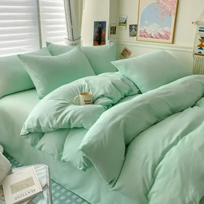 Mint green quilted cotton duvet cover bedding set with matching pcs bed sheet and soft cozy texture by DecorBites™