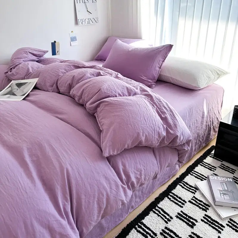 DecorBites™ purple quilted duvet cover and cotton bedding set with matching and contrasting white pillows