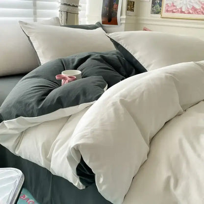 DecorBites™ luxurious cotton bedding set featuring soft white and charcoal gray duvet cover with plush texture