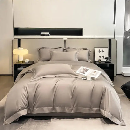 The bed features a luxurious gray satin-like piece duvet cover set in decorbites™ 1000TC Egyptian cotton