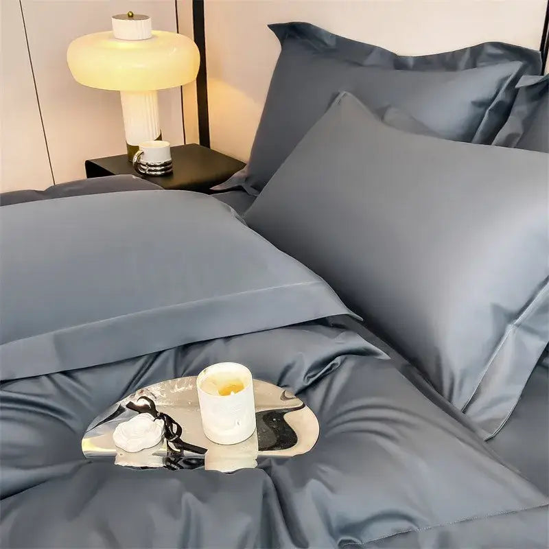 Decorbites luxurious egyptian cotton bedding set in dark gray satin with duvet cover and fitted sheet smooth finish