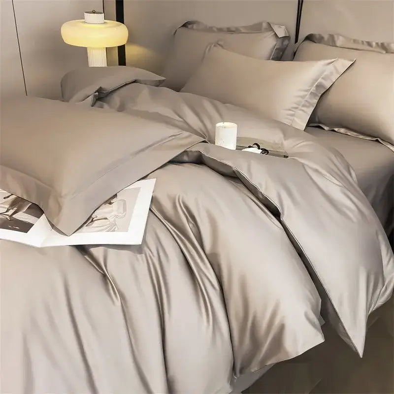 Decorbites™ luxurious egyptian cotton duvet cover set in gray satin with smooth glossy finish and matching fitted sheet