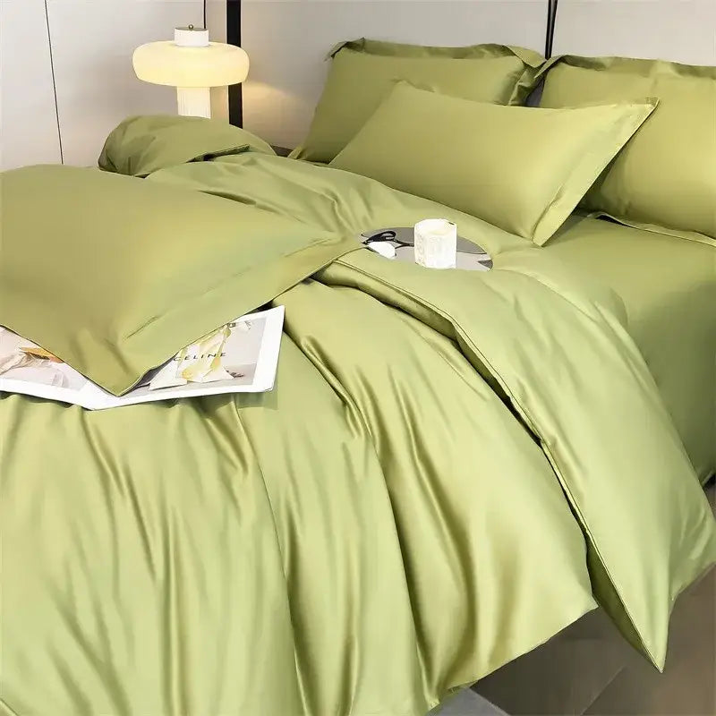 Satin green DecorBites™ luxurious Egyptian cotton bedding set with 1000TC duvet cover and fitted sheet