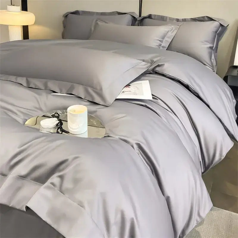 Silk-gray satin decorbites™ duvet cover set with pleated edges made of luxurious egyptian cotton 1000tc
