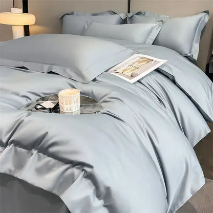 Silk-like light blue satin decorbites luxurious egyptian cotton bedding set with duvet cover fitted sheet and pillows