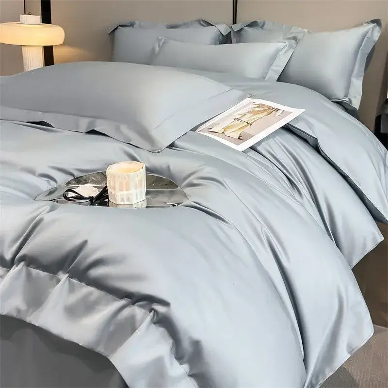 Silk-like light blue satin decorbites luxurious egyptian cotton bedding set with duvet cover fitted sheet and pillows