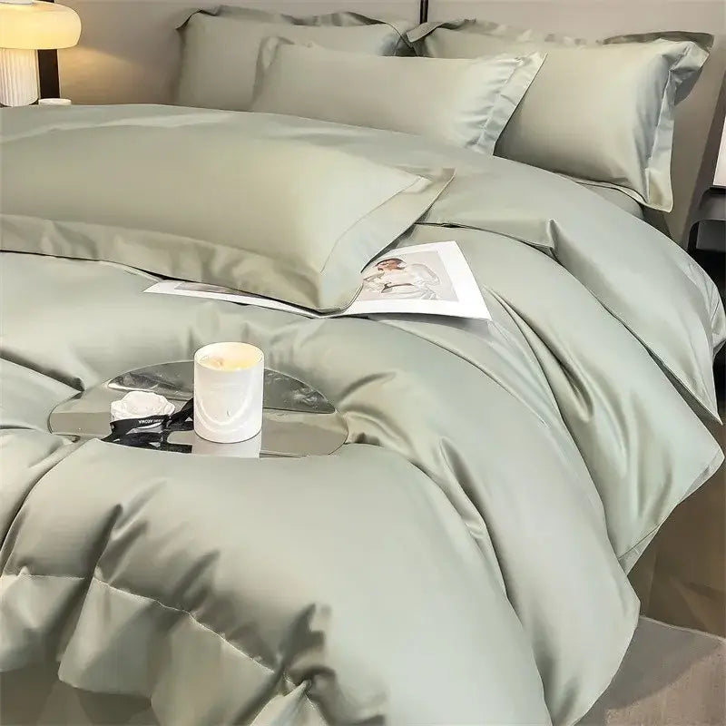 Silk-like sage green satin duvet cover and matching pillows from decorbites luxurious egyptian cotton bedding set 1000tc