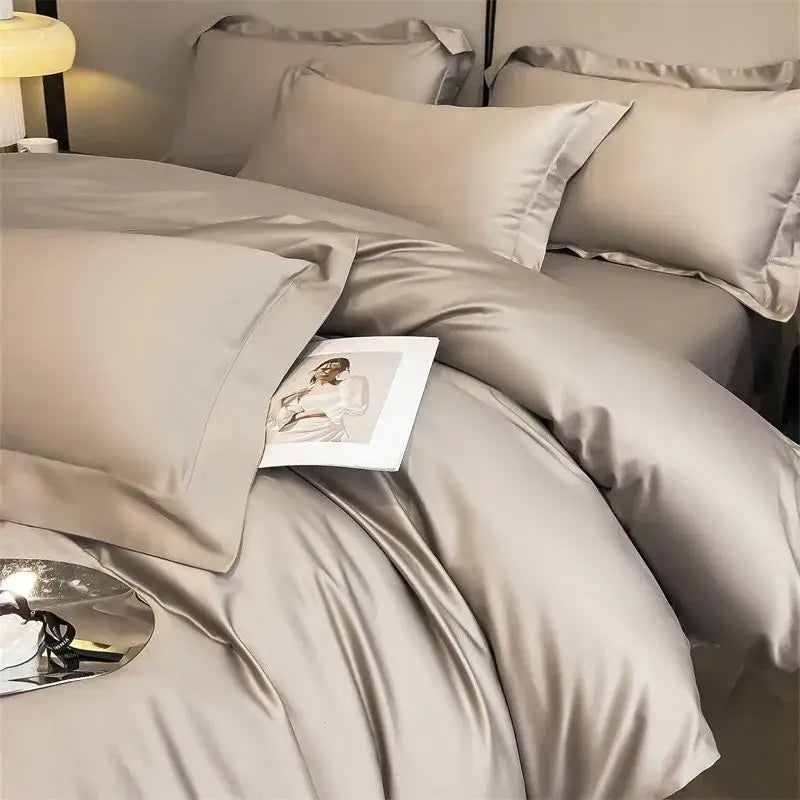 Decorbites™ luxurious egyptian cotton taupe satin duvet cover and fitted sheet set with smooth glossy finish and stitching