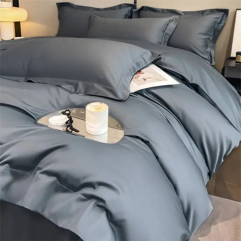 DecorBites™ luxurious slate blue satin duvet cover set made of Egyptian cotton 1000TC with fitted sheet and stitched detailing
