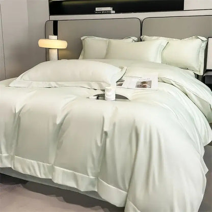 DecorBites™ luxurious Egyptian cotton duvet cover set in soft light green satin with fitted sheet and glossy finish