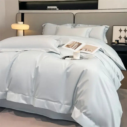 Decorbites™ luxurious egyptian cotton duvet cover set in light blue satin with elegant stitched detailing and fitted sheet