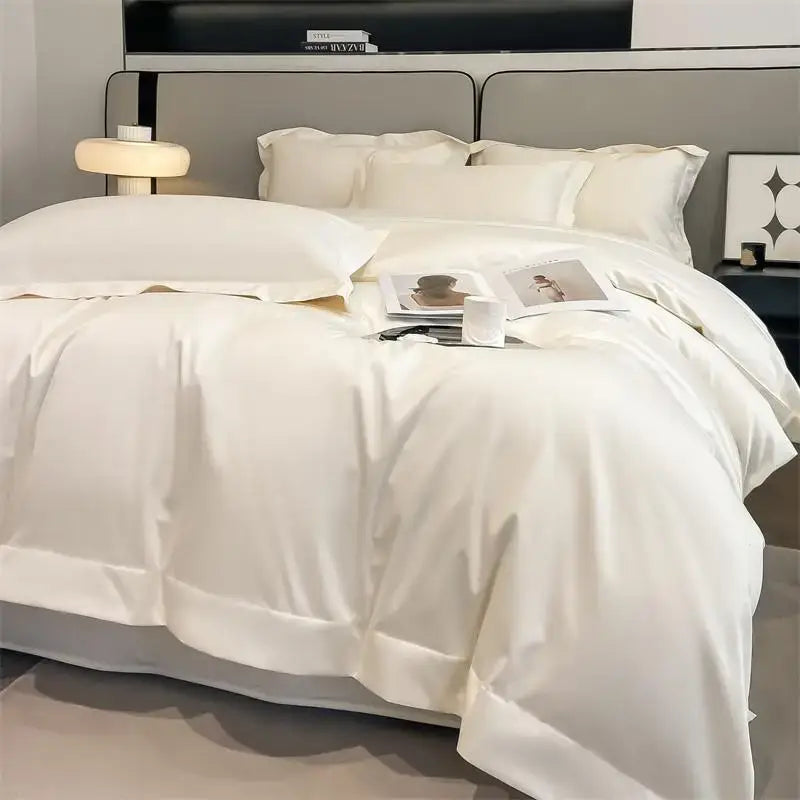 White satin duvet cover with smooth glossy finish and stitched edges from decorbites™ luxurious 1000tc cotton bedding set