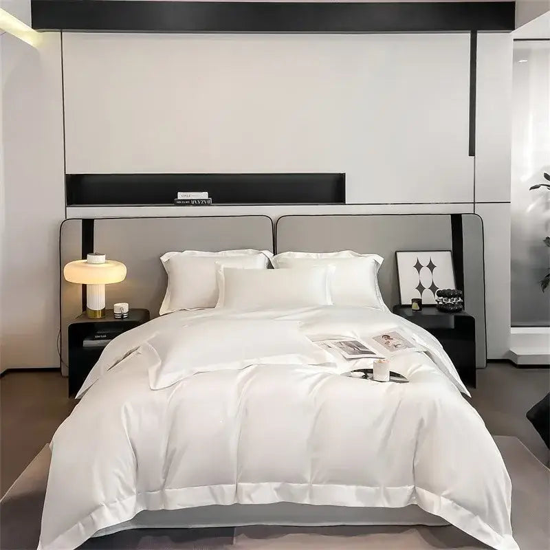 White satin duvet cover and fitted sheet set with a smooth luxurious finish made from egyptian cotton 1000TC by DecorBites