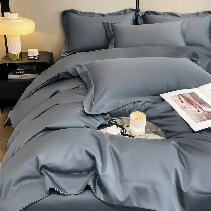 Satin gray duvet cover and fitted sheet set with matching pillows made of decorbites™ luxurious 1000tc egyptian cotton