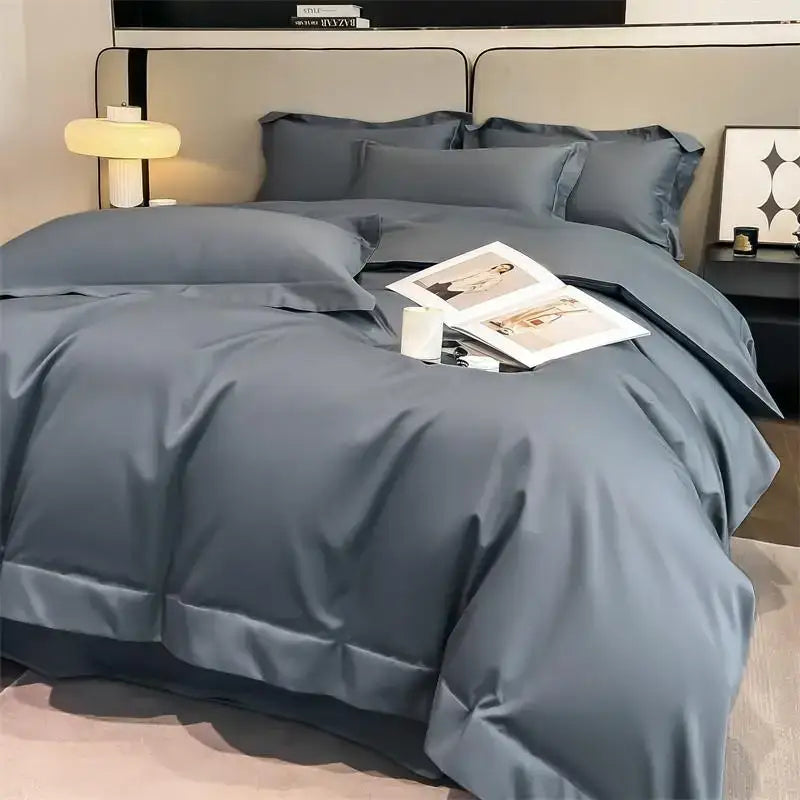 Decorbites™ luxurious egyptian cotton duvet cover set in deep slate blue with satin-like fabric and crisp tailored seams