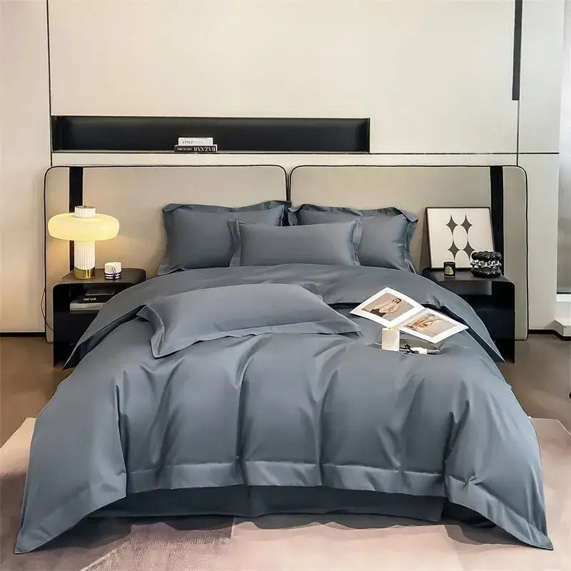 Decorbites™ luxurious slate blue satin duvet cover set with matching pillowcases made from 1000tc egyptian cotton