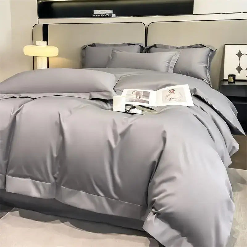 Gray satin duvet cover set with matching pillows featuring elegant stitched detailing in DecorBites™ 1000TC Egyptian cotton