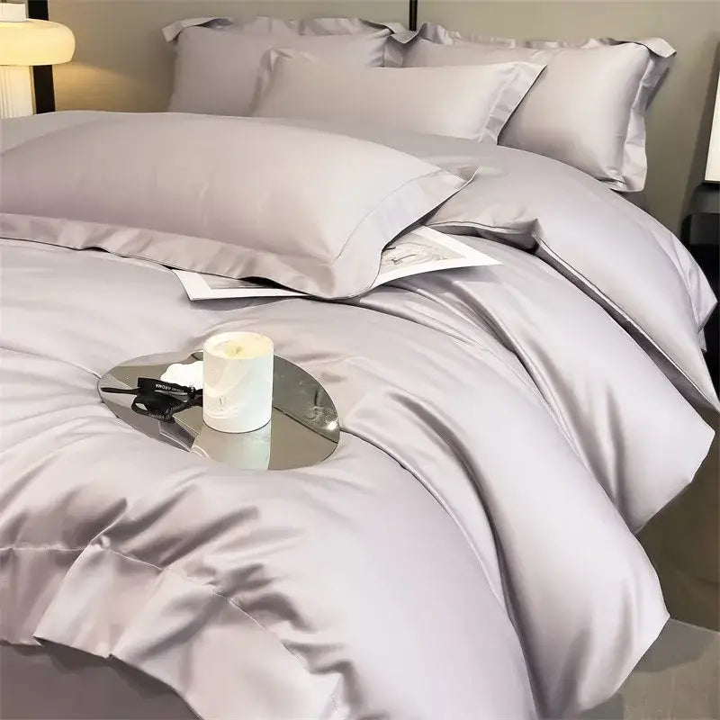 Silky lavender satin decorbites luxurious egyptian cotton bedding set 1000tc with duvet cover and fitted sheet