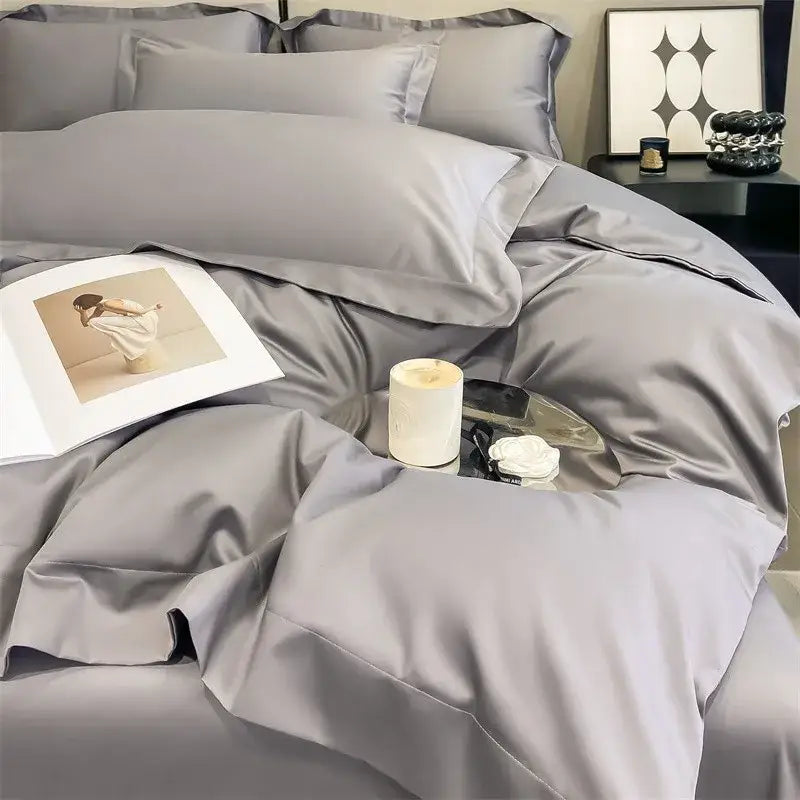 Gray satin duvet cover and fitted sheet from DecorBites™ luxurious Egyptian cotton bedding set 1000TC ultra soft