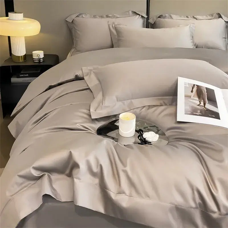 Silk-gray satin duvet cover set with matching pillowcases featuring ruffled edges from decorbites™ 1000tc bedding set