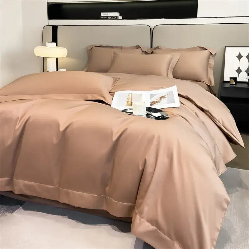 DecorBites™ luxurious egyptian cotton duvet cover set in taupe with smooth satin finish and neatly stitched fitted sheet piece
