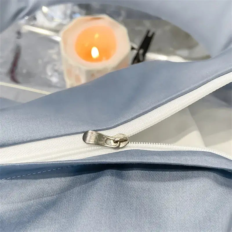 Light blue satin-like egyptian cotton duvet cover with white zipper and metallic pull tab from decorbites™ 1000tc bedding set