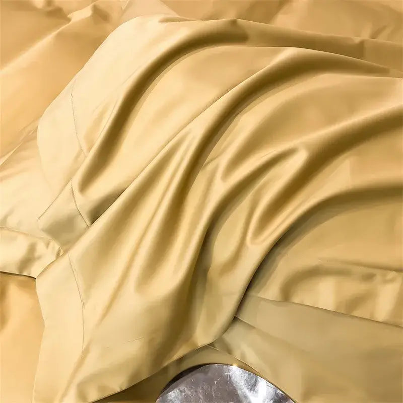 Soft golden-yellow satin duvet cover and fitted sheet from DecorBites™ luxurious egyptian cotton 1000TC bedding set