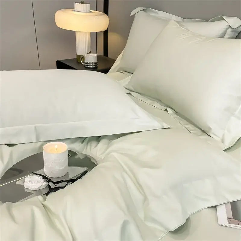 DecorBites™ luxurious Egyptian cotton bedding set in pale green with ultra soft duvet cover and fitted sheet pieces