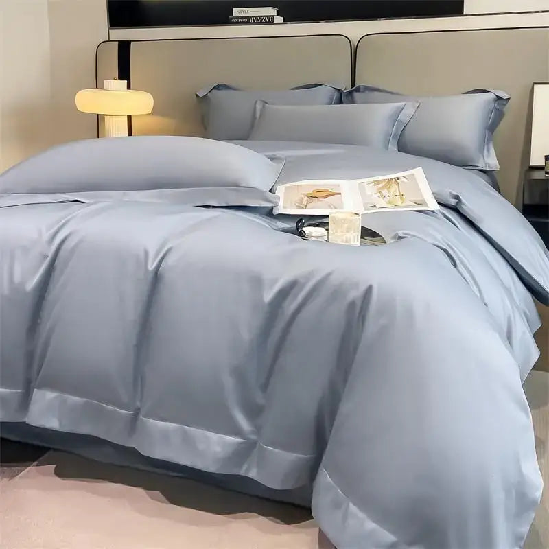 Light blue satin duvet cover set with fitted sheet and piece duvet cover made of egyptian cotton 1000tc ultra soft