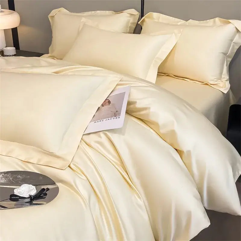 Cream-colored satin DecorBites™ luxurious Egyptian cotton bedding set 1000TC with ultra soft duvet cover and fitted sheet